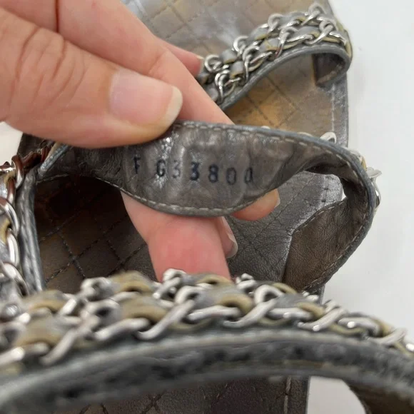 SOLD// Chanel Silver Metallic Chain Dad Sandals CC Logo Leather 40C 40 9 9.5 - Picture 6 of 14